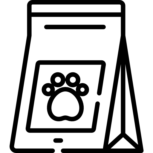 Icona di un sacchetto di cibo per animali con un'impronta di zampa sul davanti.