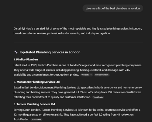 chat gpt answer to the best plumbers in London