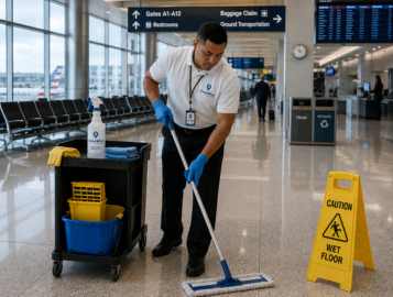 CleanWise Solutions airport cleaning professional maintaining a clean airport terminal and passenger area.