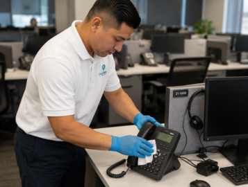 CleanWise Solutions call centre cleaning specialist disinfecting a phone and workstation in an office setting.