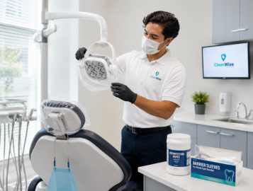 CleanWise Solutions dental office cleaning professional completing operatory turnover in a clinical treatment room.