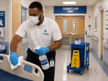 CleanWise Solutions hospital janitorial services worker cleaning a healthcare facility for hygiene and safety.
