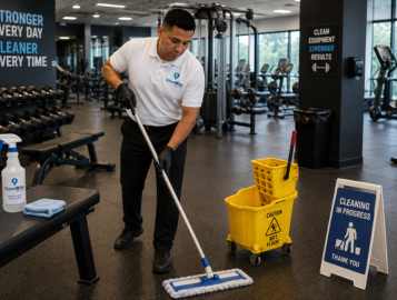CleanWise Solutions gym cleaning team member disinfecting equipment in a fitness facility.
