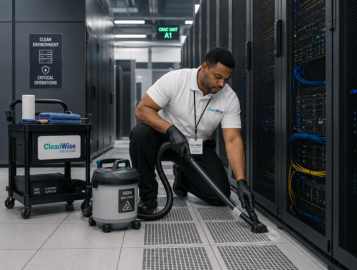 CleanWise Solutions data center cleaning professional servicing a server room with industry-specific cleaning care.
