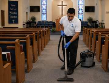 CleanWise Solutions church janitorial services worker cleaning a worship space with care and professionalism.
