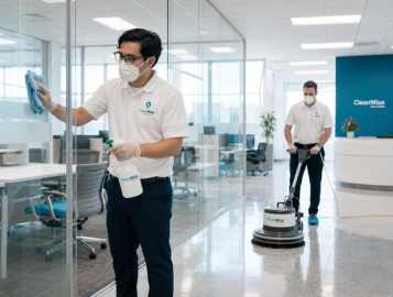 CleanWise Solutions office cleaning professional maintaining a clean, polished commercial office interior.
