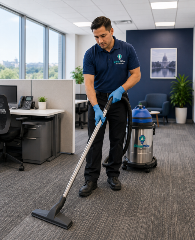 CleanWise Solutions office cleaning professional vacuuming carpet in a modern Washington DC office with cubicles and large windows.