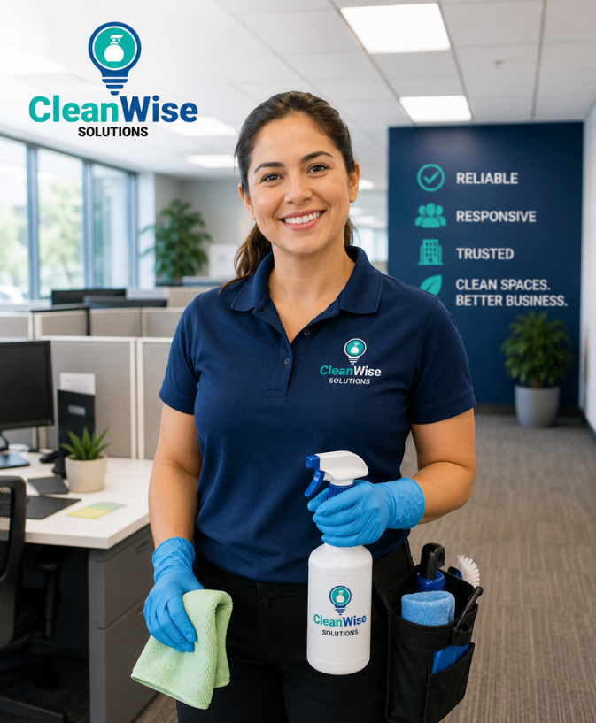 CleanWise Solutions office cleaning professional smiling in a modern Washington DC office, wearing branded uniform and holding cleaning supplies.