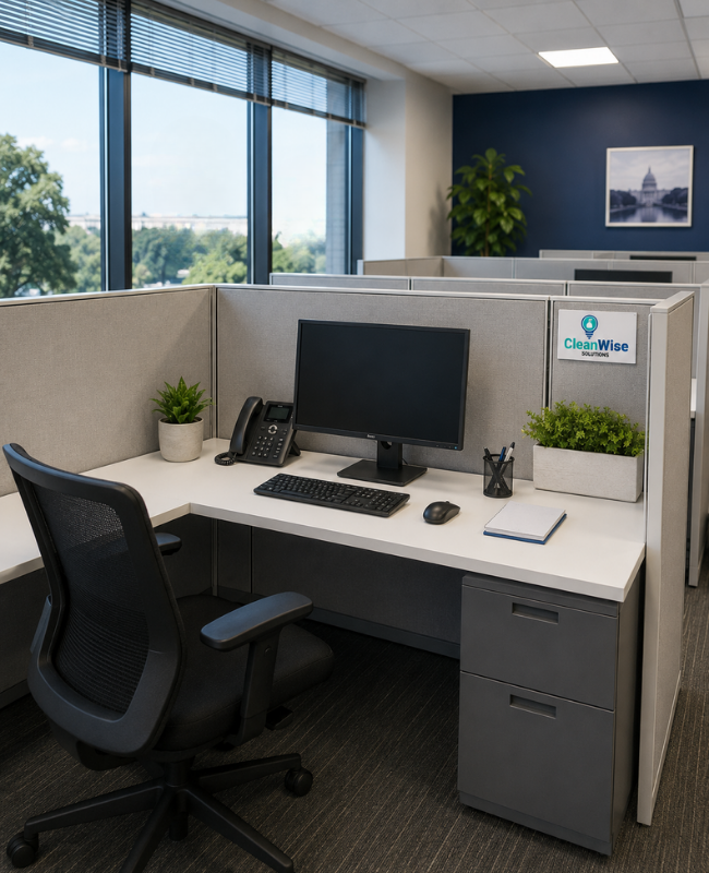 CleanWise Solutions clean office cubicle in Washington DC with an organized desk, tidy workstation, and polished commercial office interior.