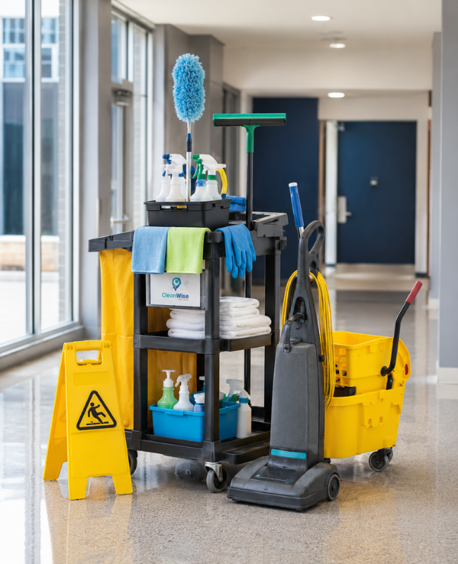 CleanWise Solutions janitorial cleaning equipment cart with spray bottles, microfiber cloths, vacuum, mop bucket, gloves, and wet floor sign in a commercial hallway.
