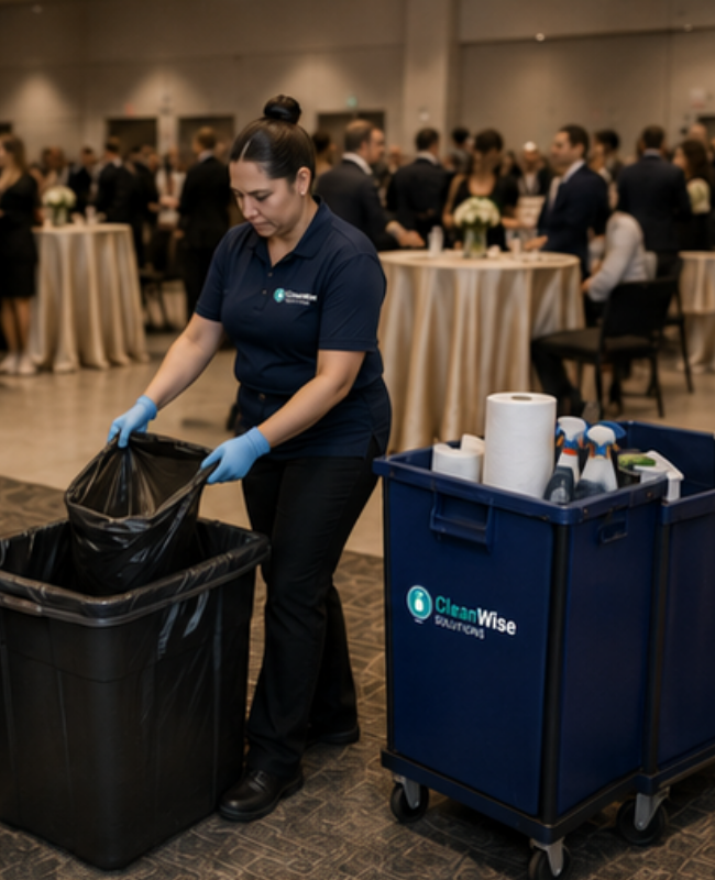 CleanWise Solutions special event cleaning professional changing trash liners beside a cleaning cart during event venue cleanup.