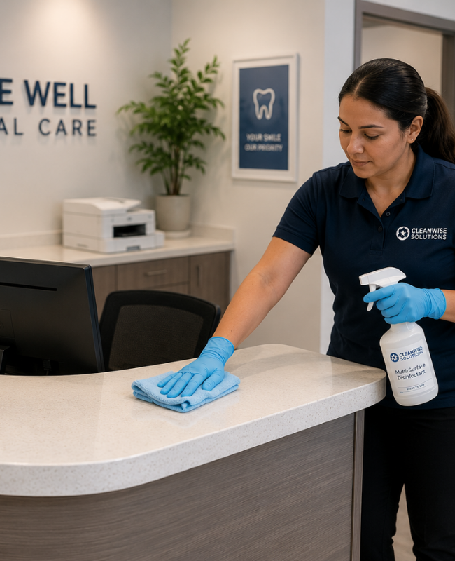 CleanWise Solutions professional cleaning and disinfecting a reception desk in a modern dental office waiting area.