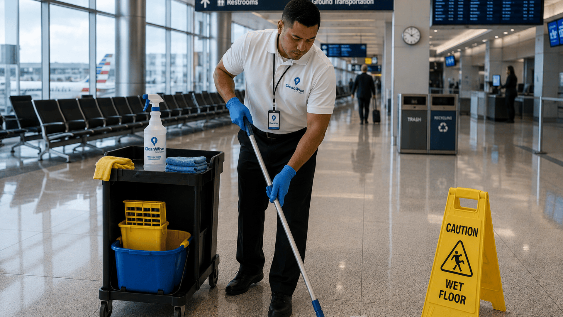CleanWise Solutions cleaner mopping an airport terminal floor near a caution sign during commercial airport cleaning and janitorial service.