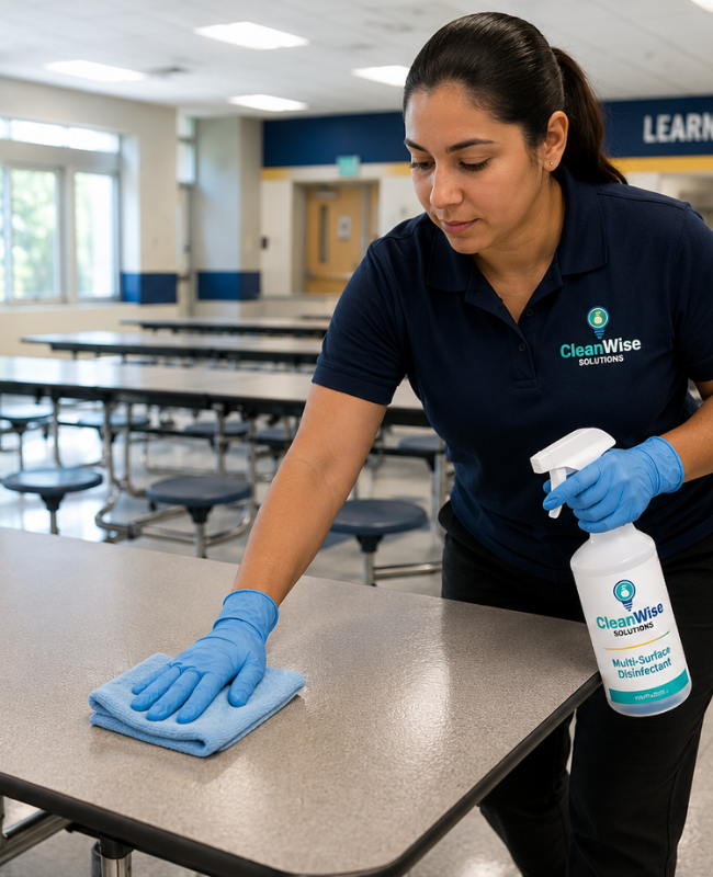 CleanWise Solutions educational facility cleaning professional disinfecting cafeteria tables in a clean school lunchroom.
