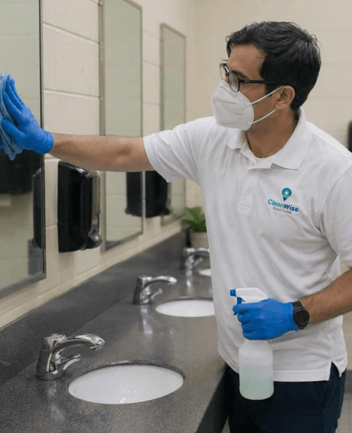 CleanWise crew member cleaning a school classroom