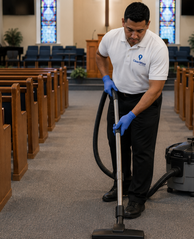 CleanWise Solutions cleaner vacuuming carpet in a church sanctuary during church janitorial services and commercial carpet cleaning.