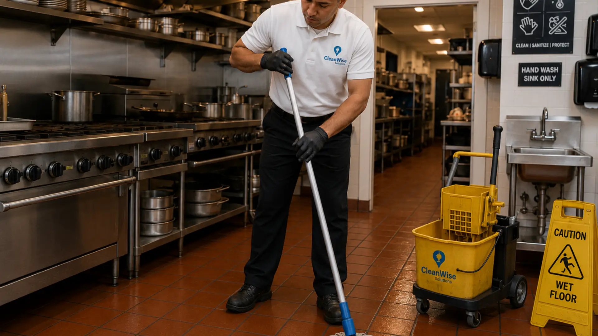 CleanWise Solutions cleaner mopping a commercial kitchen floor during restaurant cleaning and back-of-house janitorial service.