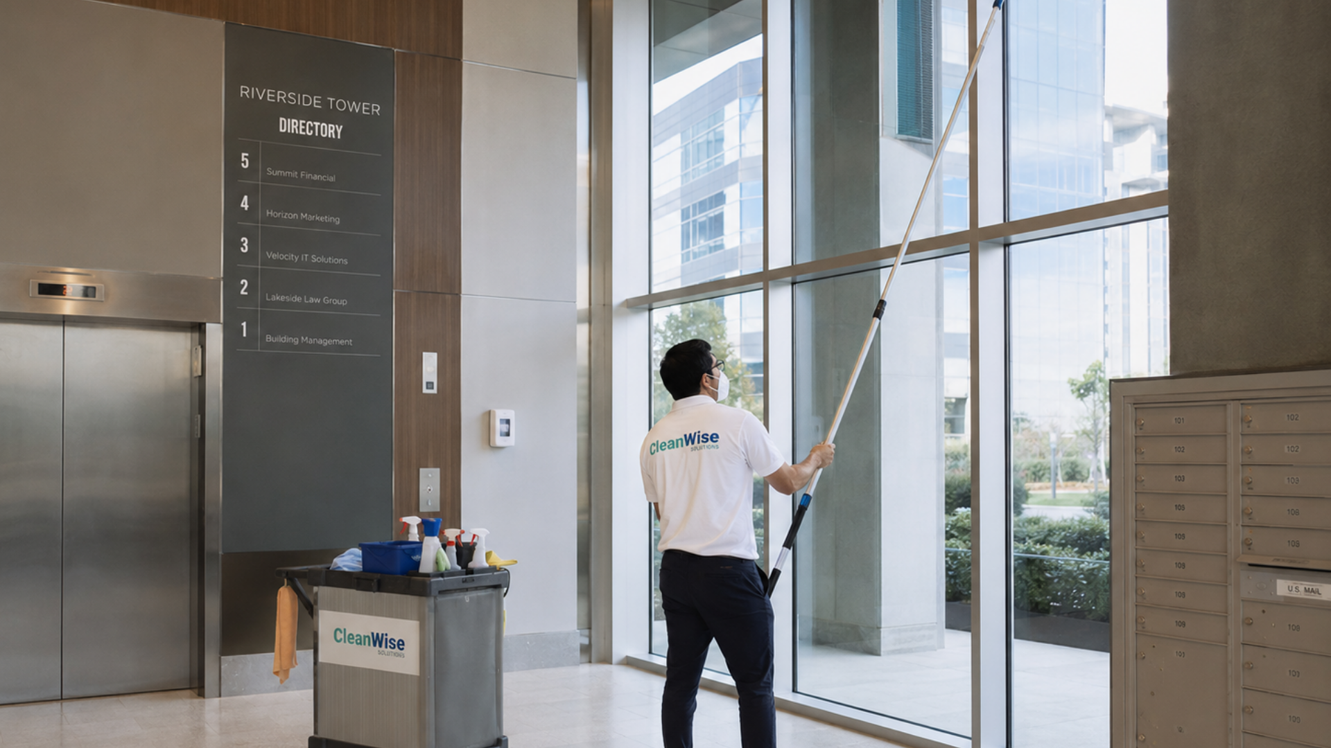 CleanWise Solutions cleaner using an extension pole to clean lobby windows in a multi-tenant building during commercial window cleaning and common area janitorial service.