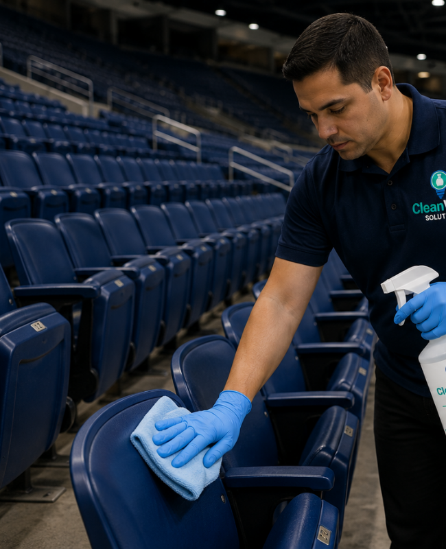 CleanWise Solutions cleaner wiping down a stadium seat with a cloth and spray bottle in a large sports venue during commercial stadium and arena cleaning.