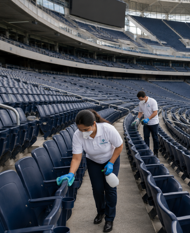 CleanWise Solutions team wiping down stadium seats in a large sports venue during commercial stadium cleaning service.
