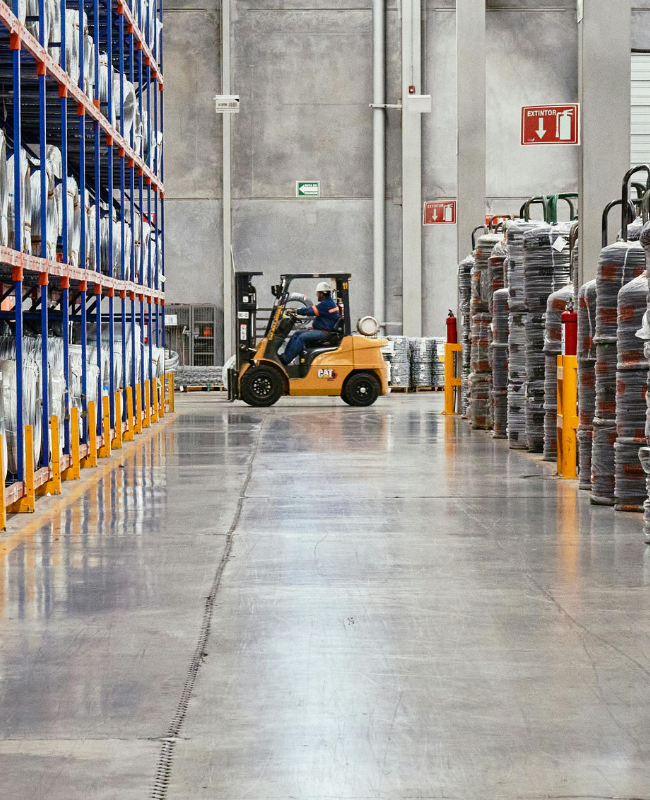Clean warehouse aisle with pallet racks, wrapped inventory, a forklift, and polished concrete floors, representing warehouse cleaning and industrial cleaning services.