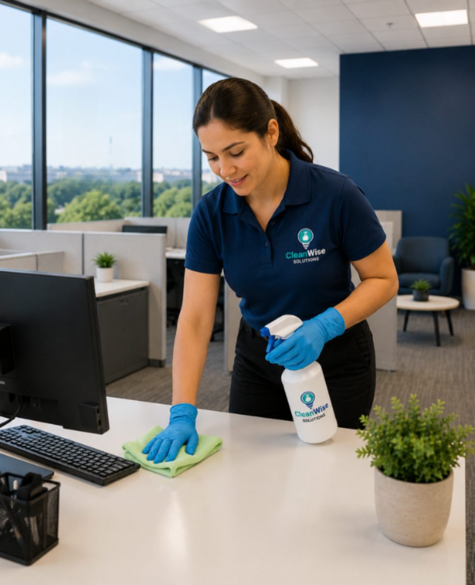Smiling CleanWise Solutions office cleaning team member in a Washington DC office