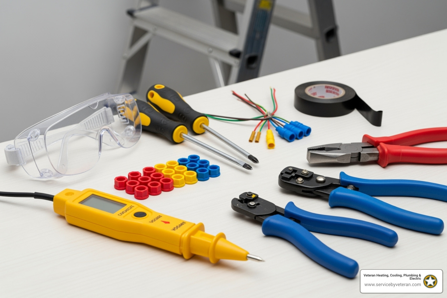 necessary tools like a voltage tester, ladder, screwdrivers, and wire strippers laid out - lighting fixture installation