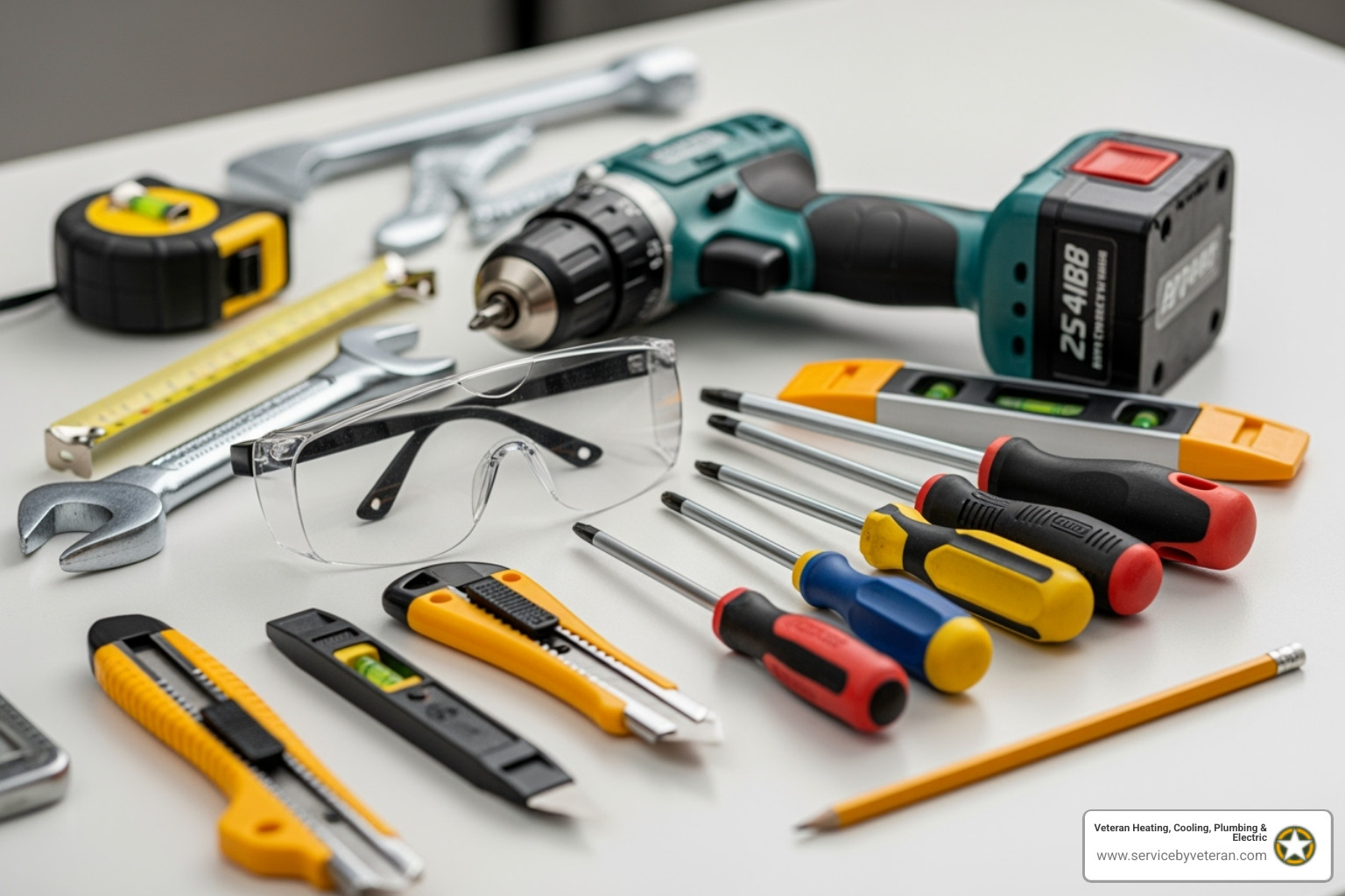 image of tools laid out for installation (drill, screwdriver, safety glasses) - air purification installation