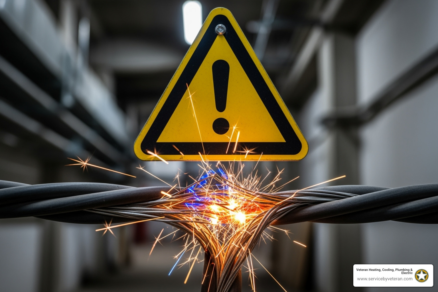 Do Not Attempt warning sign over a frayed, sparking wire - electrical installation service