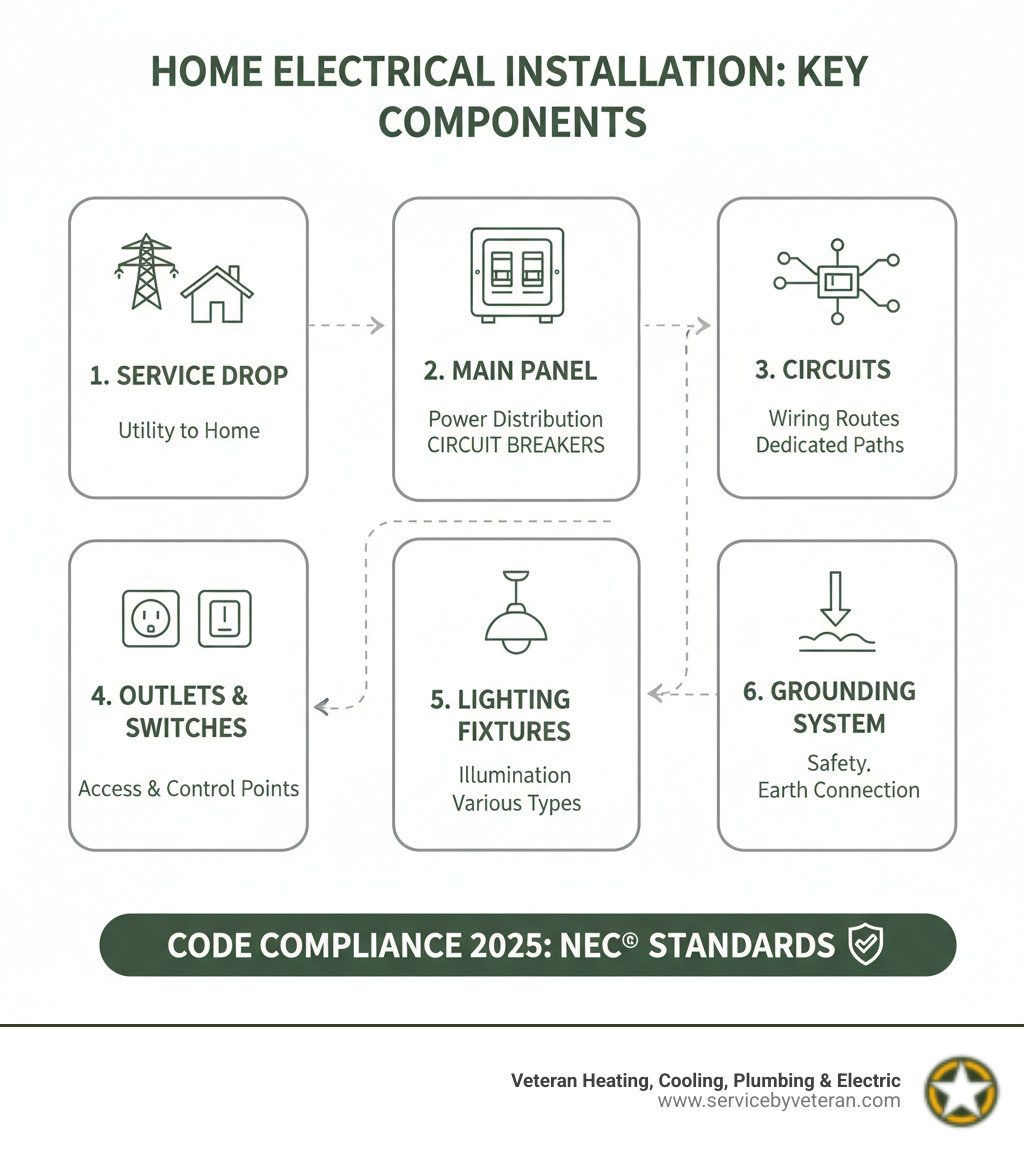 Comprehensive electrical installation service components including service drop, main panel, circuits, outlets, switches, lighting fixtures, and grounding system with proper code compliance indicators - electrical installation service infographic 