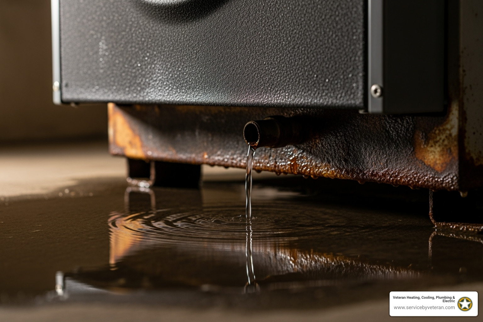 Water pooling at the base of a boiler, indicating a leak - boiler repair