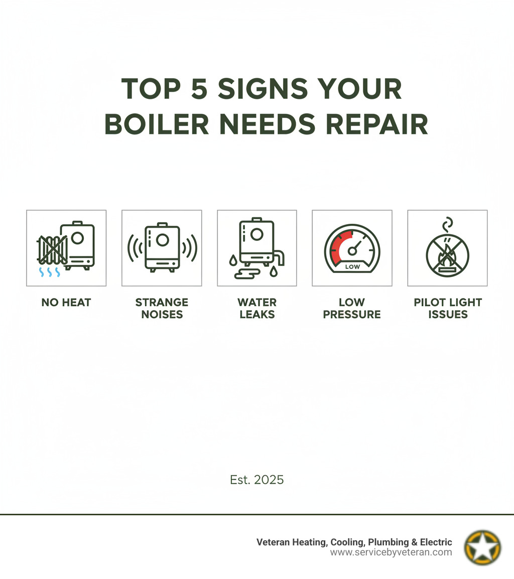 Infographic showing the top 5 signs a boiler needs repair: no heat production with a cold radiator icon, strange noises represented by sound waves from a boiler, water leaks shown as droplets around a boiler base, low pressure indicated by a pressure gauge in the red zone, and pilot light issues depicted by an extinguished flame symbol - boiler repair infographic 