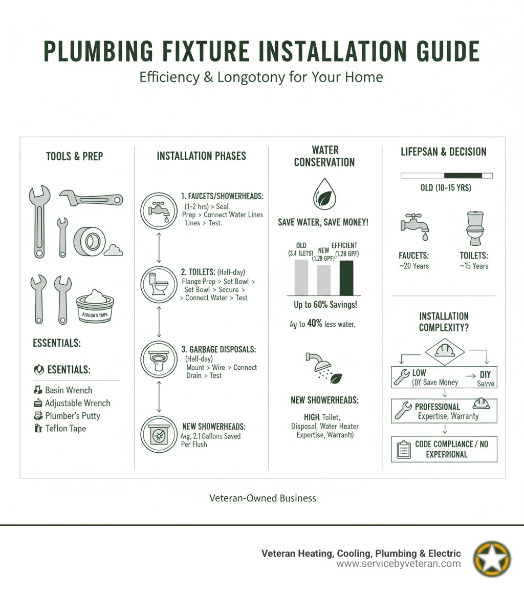 Comprehensive infographic showing the complete plumbing fixture installation process, including tool requirements, step-by-step installation phases for different fixture types, water conservation benefits with specific gallon savings, average fixture lifespans, and a decision tree for DIY versus professional installation based on complexity levels - plumbing fixture installation infographic 