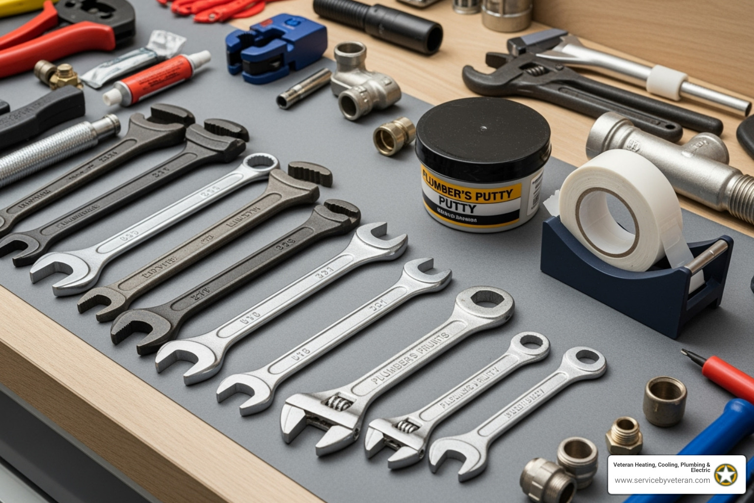 A well-organized set of plumbing tools including wrenches, plumber's putty, and tape - plumbing fixture installation