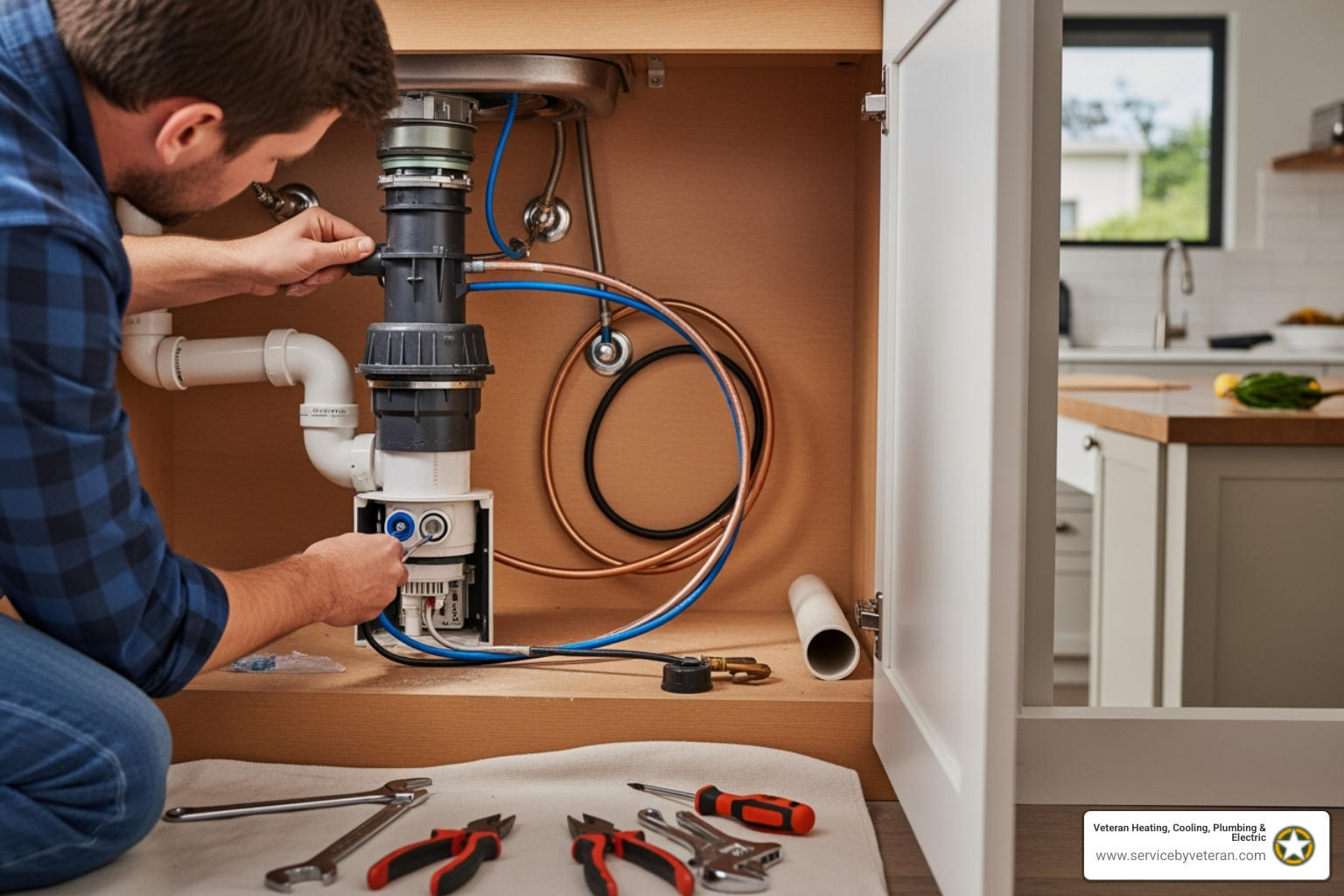 A garbage disposal unit being fitted under a kitchen sink - plumbing fixture installation