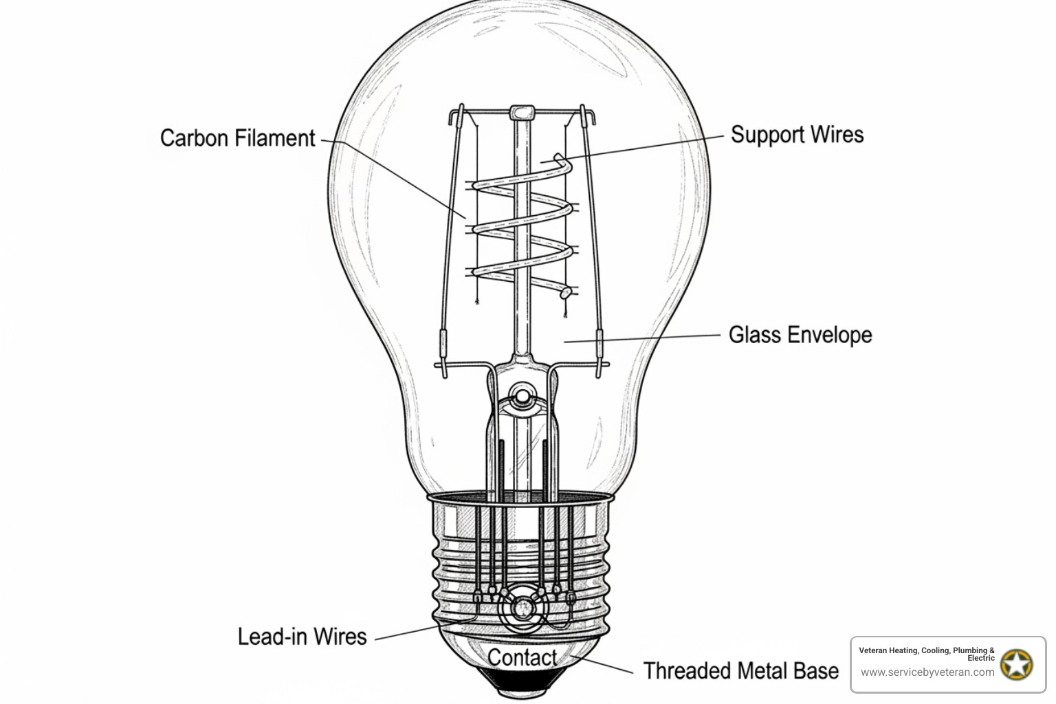 Diagram illustrating the components of a carbon-filament incandescent bulb - electrical lighting centennial