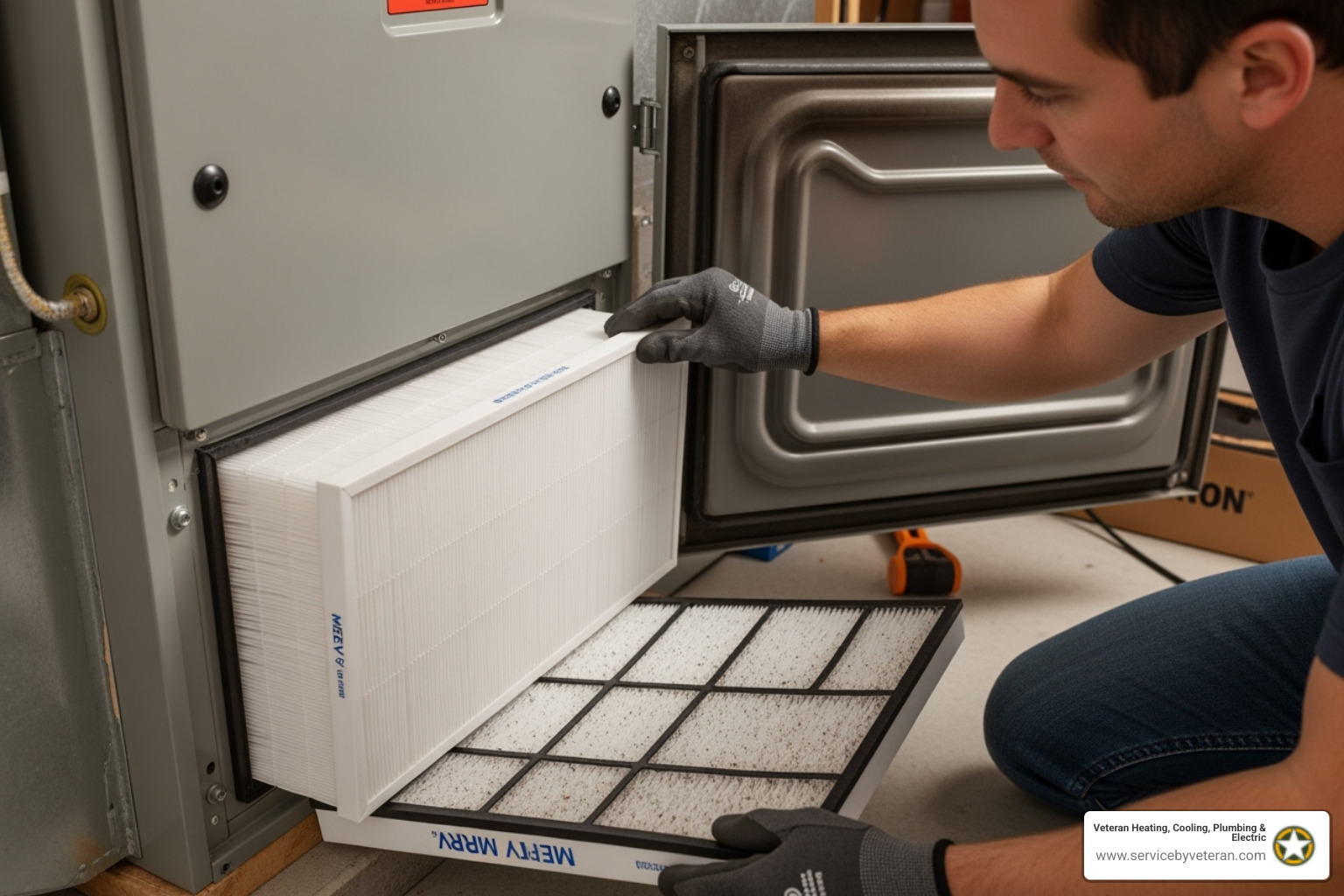 person changing a high-efficiency HVAC filter - duct cleaning service
