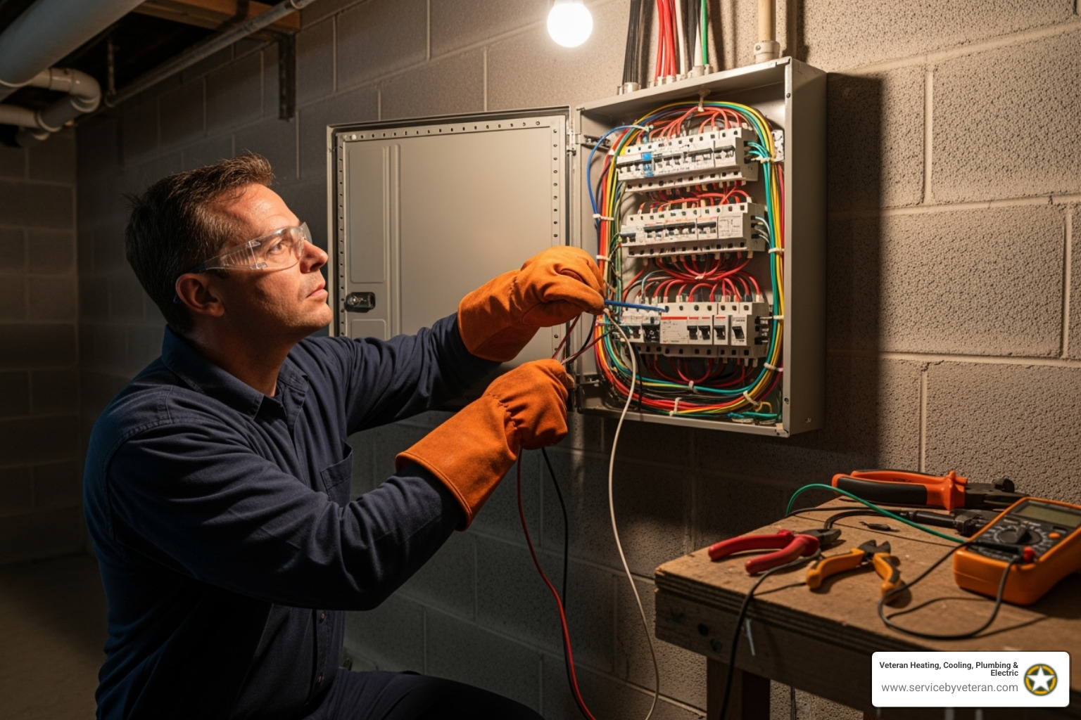 Licensed electrician wearing safety gear and working on an open electrical panel - electrical panel installation