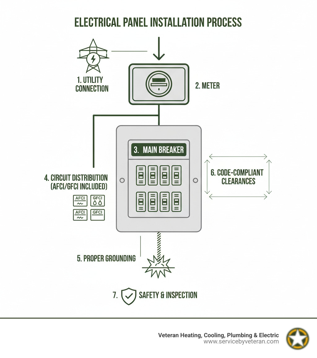 Comprehensive infographic showing electrical panel installation process from utility connection through main breaker to individual circuit distribution, including safety components like AFCI and GFCI breakers, proper grounding, and code-compliant clearances - electrical panel installation infographic 
