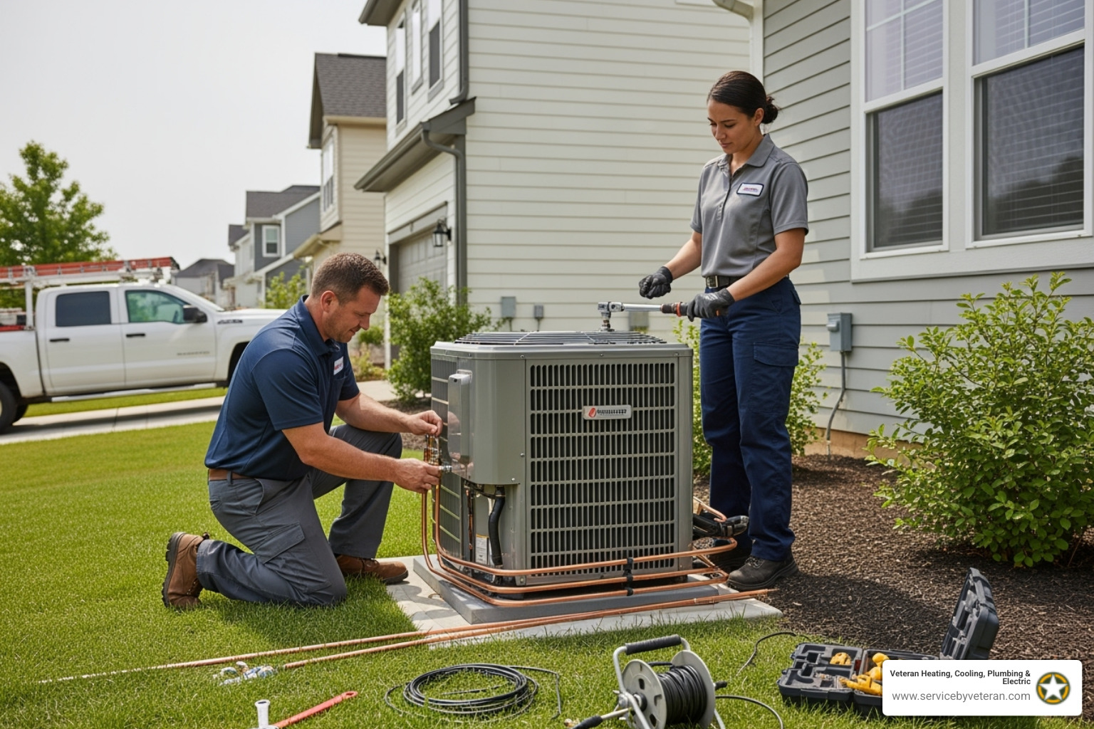 technicians installing an outdoor AC unit - ac installation contractor