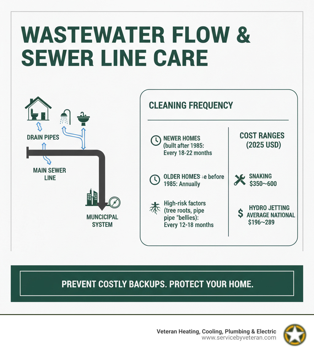 Infographic showing wastewater flow from home fixtures through drain pipes to main sewer line, then to municipal system, with cleaning frequency recommendations and cost ranges for different methods - sewer line cleaning infographic 