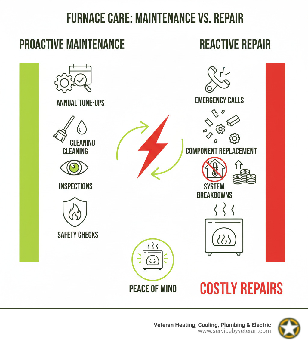 Comprehensive infographic showing the contrast between proactive furnace maintenance (annual tune-ups, cleaning, inspections, safety checks) versus reactive furnace repair (emergency calls, component replacement, system breakdowns, higher costs), with visual elements showing scheduled maintenance preventing costly repairs - furnace service infographic 