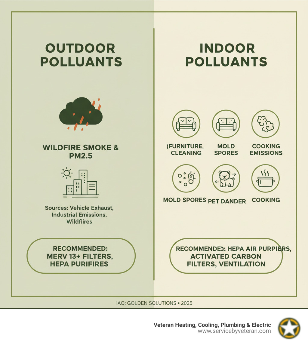 infographic showing comparison between outdoor pollutants like wildfire smoke and PM2.5 versus indoor pollutants including VOCs from furniture, mold spores, pet dander, and cooking emissions, with recommended filtration solutions for each type - indoor air quality golden infographic 