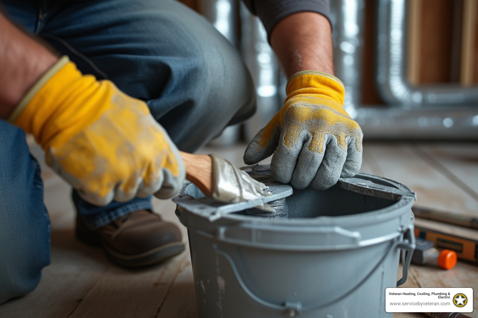 installer sealing metal duct joints with mastic - ductwork installation service