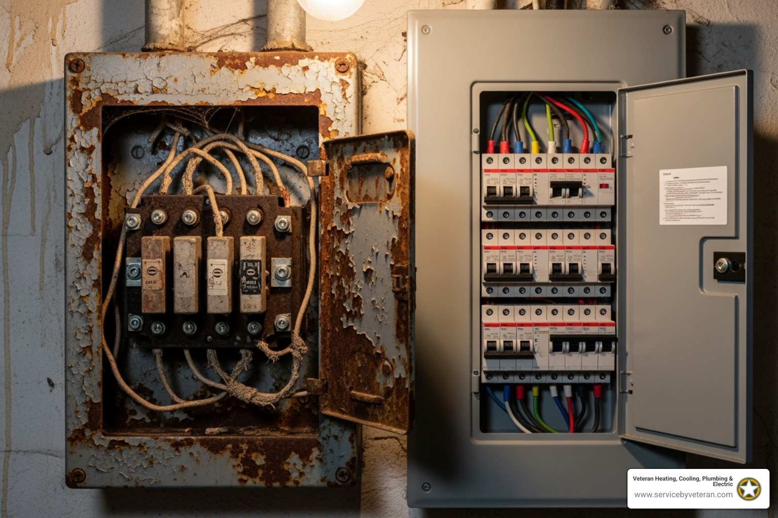 An old, corroded fuse box next to a sleek, modern circuit breaker panel, highlighting the difference in age and safety. - electrical service upgrade