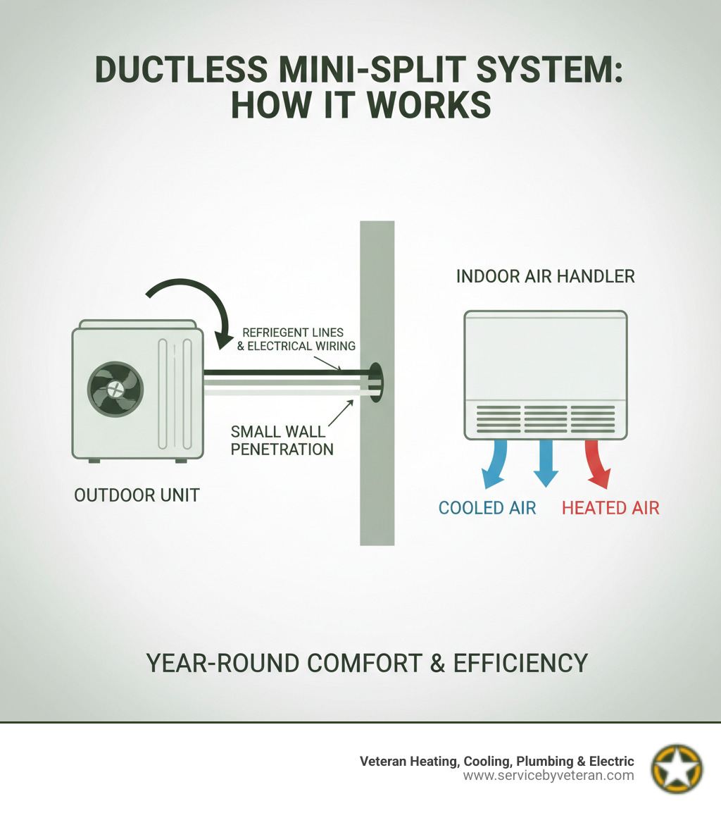 Infographic showing how a ductless mini-split system works: an outdoor condenser unit connected via refrigerant lines and electrical wiring through a small wall penetration to a wall-mounted indoor air handler unit that distributes heated or cooled air directly into the room - mini split installation littleton infographic 
