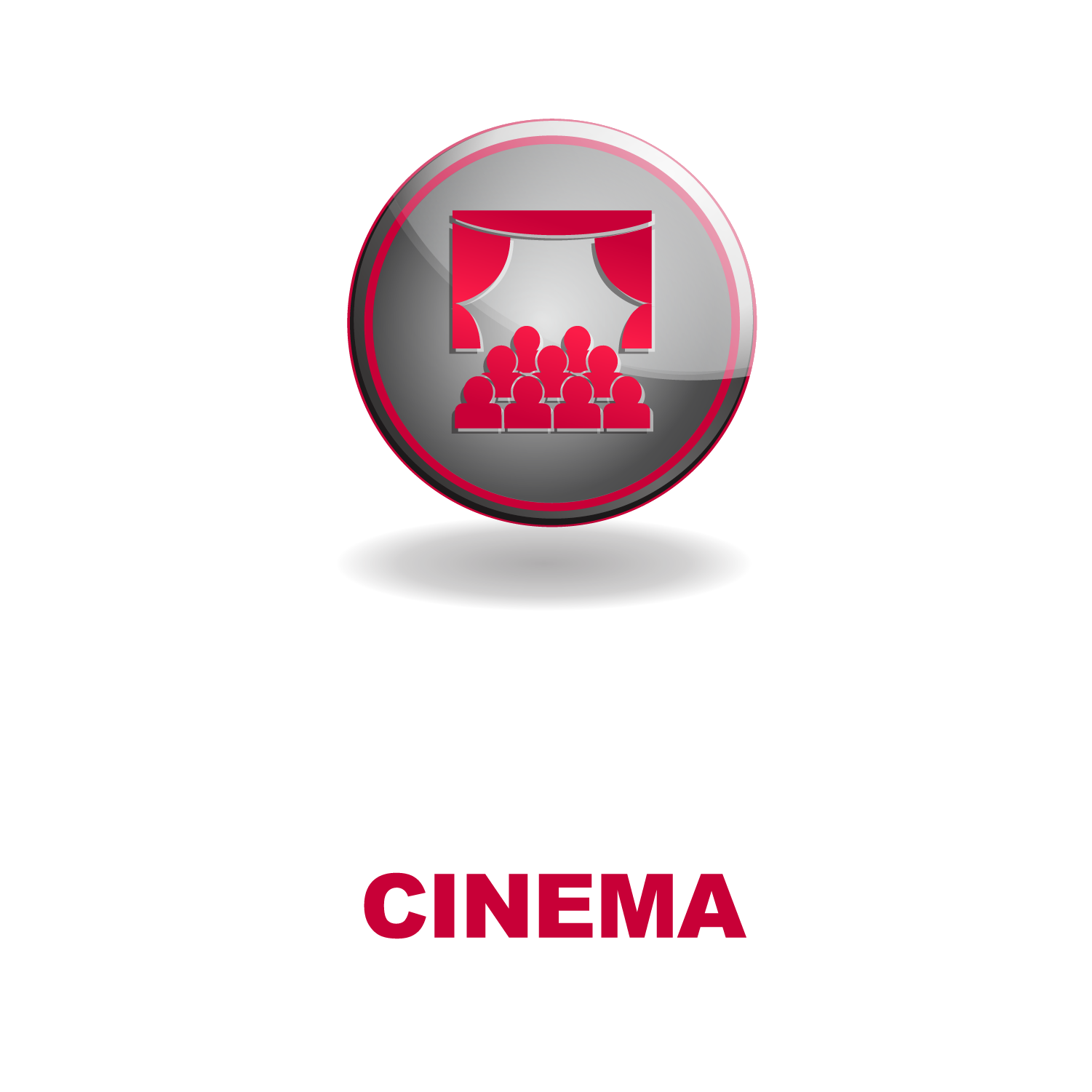 Red icon of an audience watching a movie screen with curtains inside a glossy round button, labeled CINEMA.