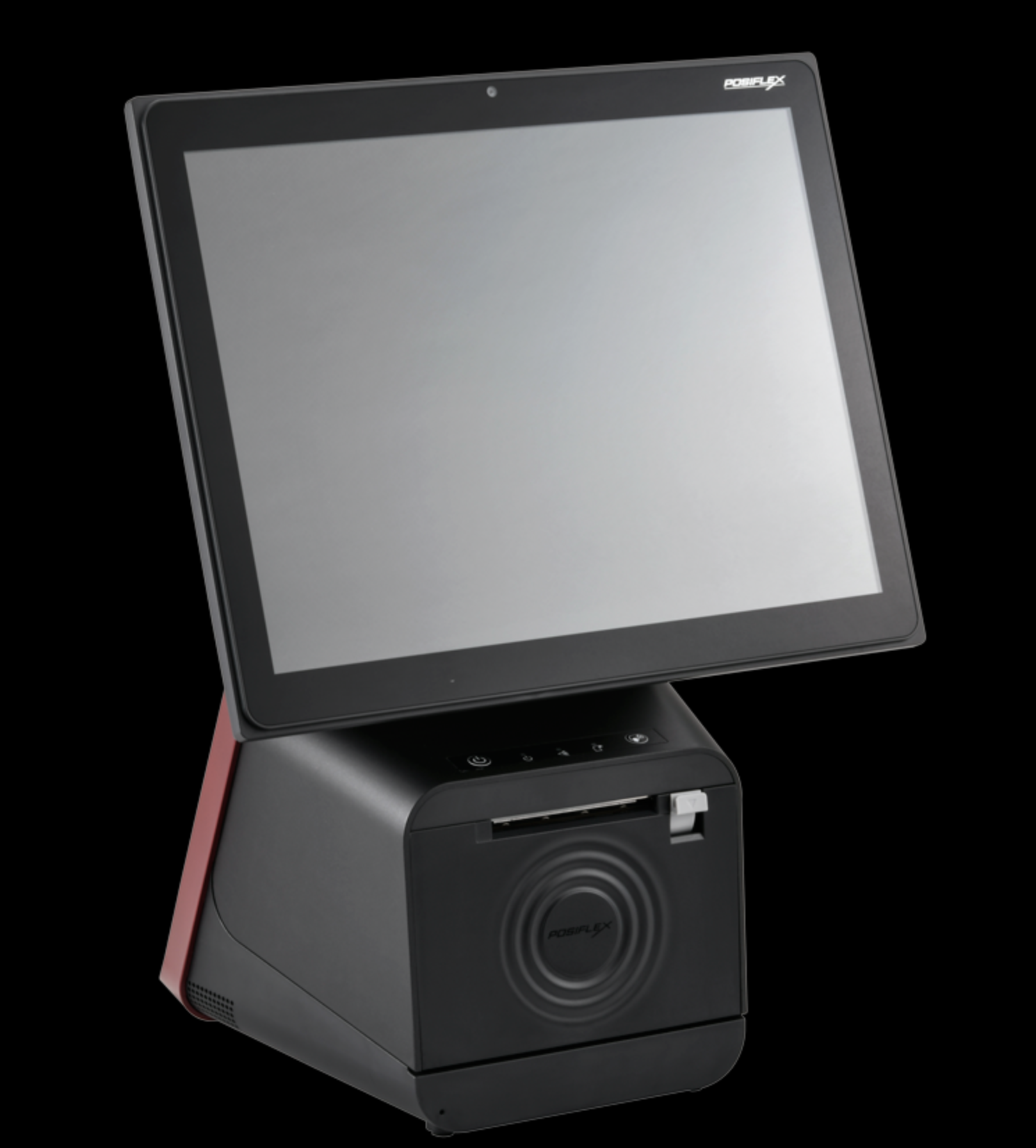 Posiflex touchscreen point-of-sale system with integrated receipt printer and control buttons.