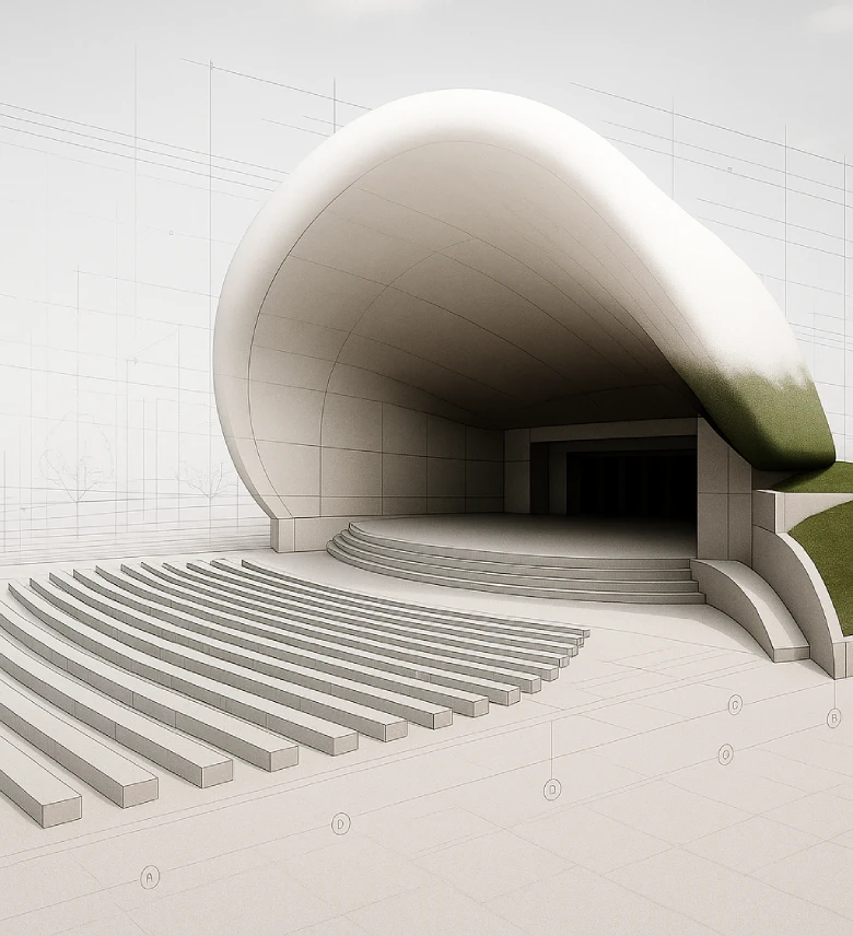 Diseño arquitectónico digital de un anfiteatro al aire libre con techo curvo y bancos alineados en forma semicircular.