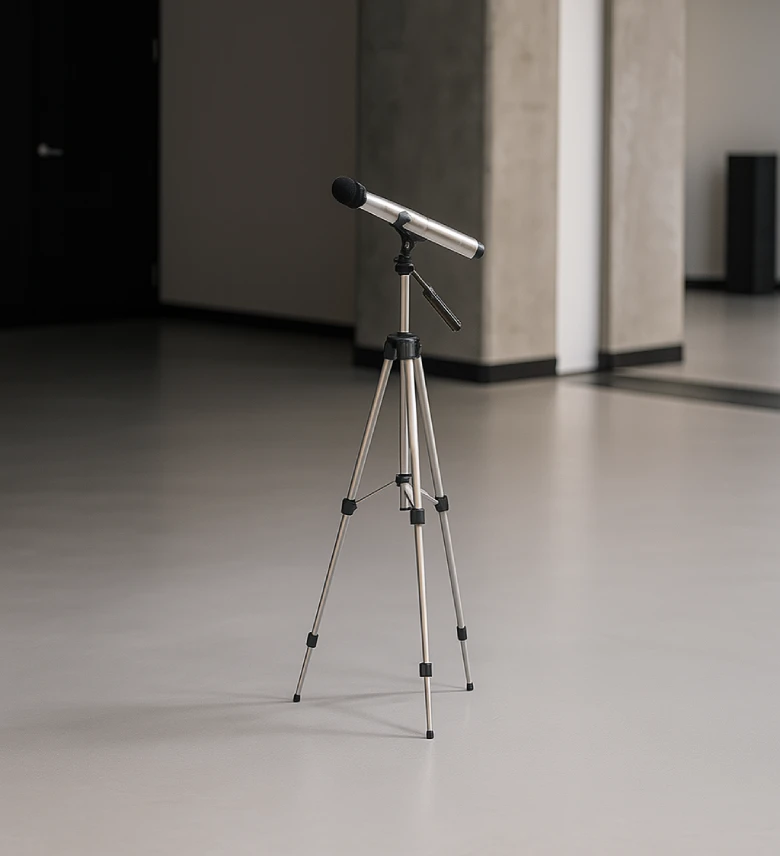 Telescopio pequeño montado sobre trípode en suelo interior gris.